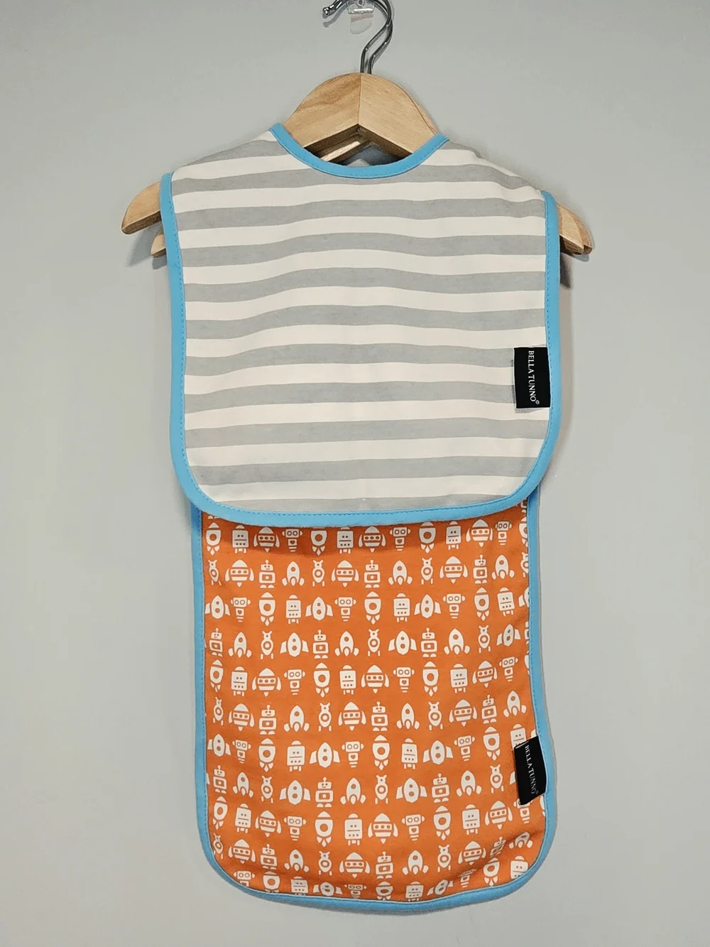 Bella Tunno Kids Two-Tone Feeding Bib with Orange Robot Print Reversible Cotton.